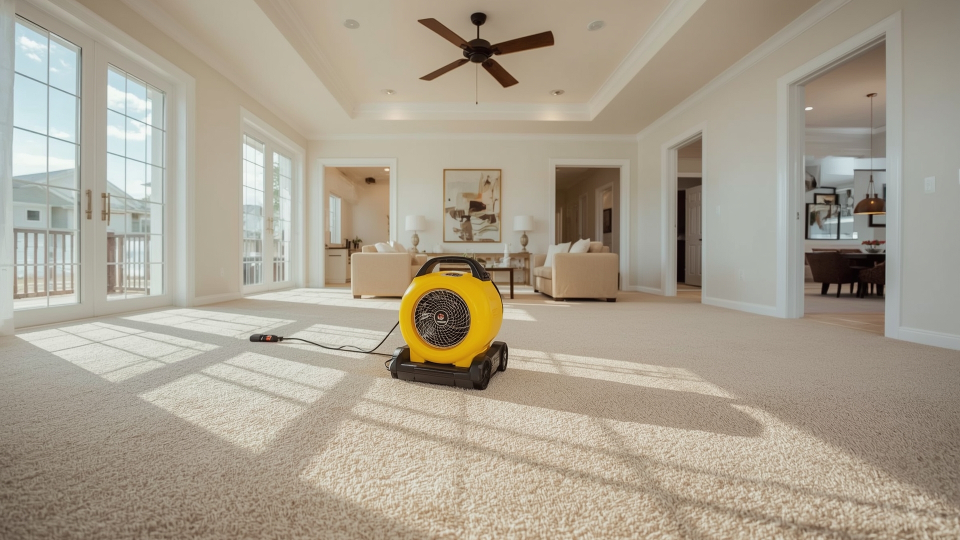 Air mover fan positioned on freshly cleaned carpet to speed drying time and prevent resoiling