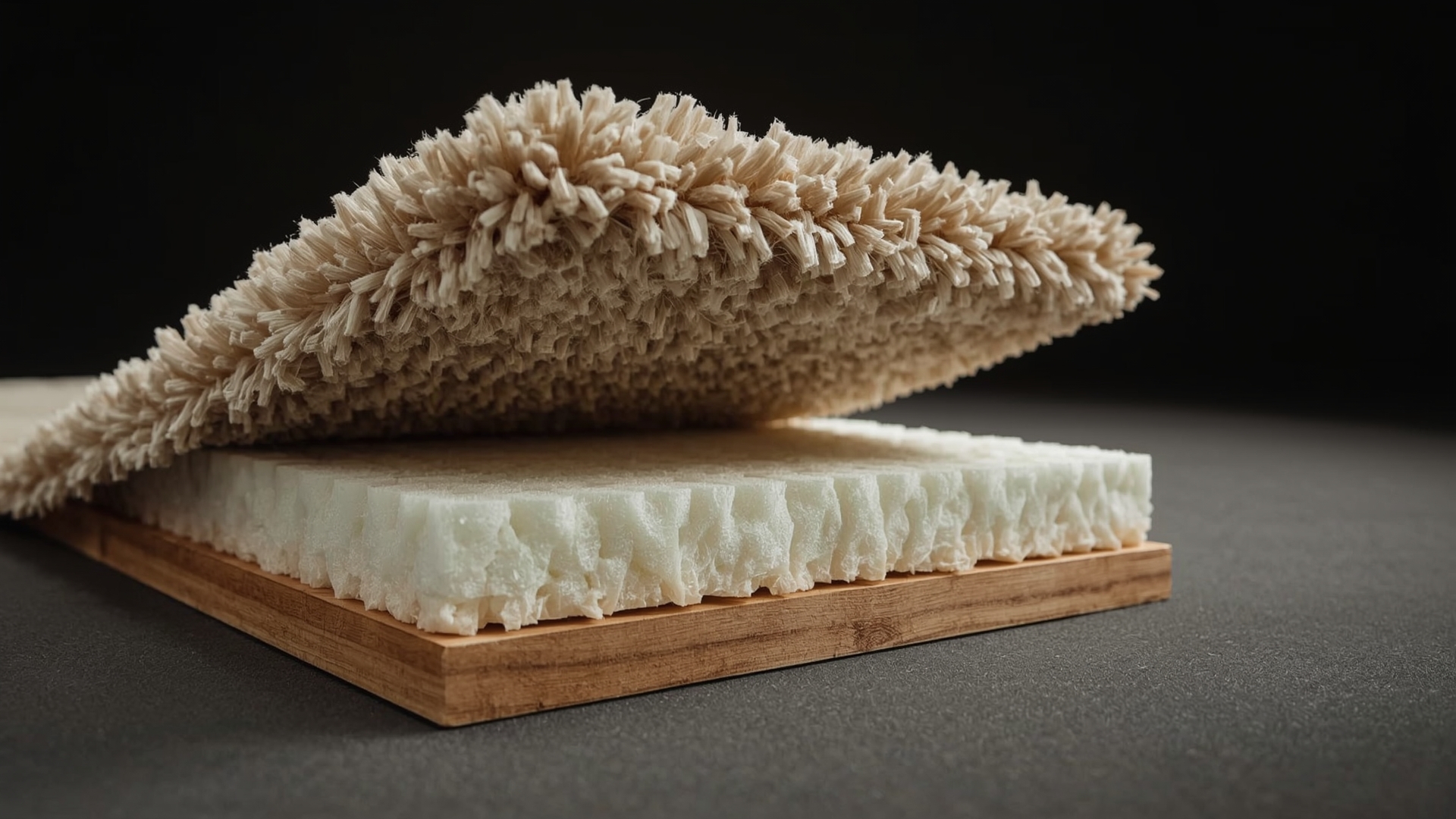 Carpet cross-section showing fiber pile, backing, pad, and subfloor layers in detail