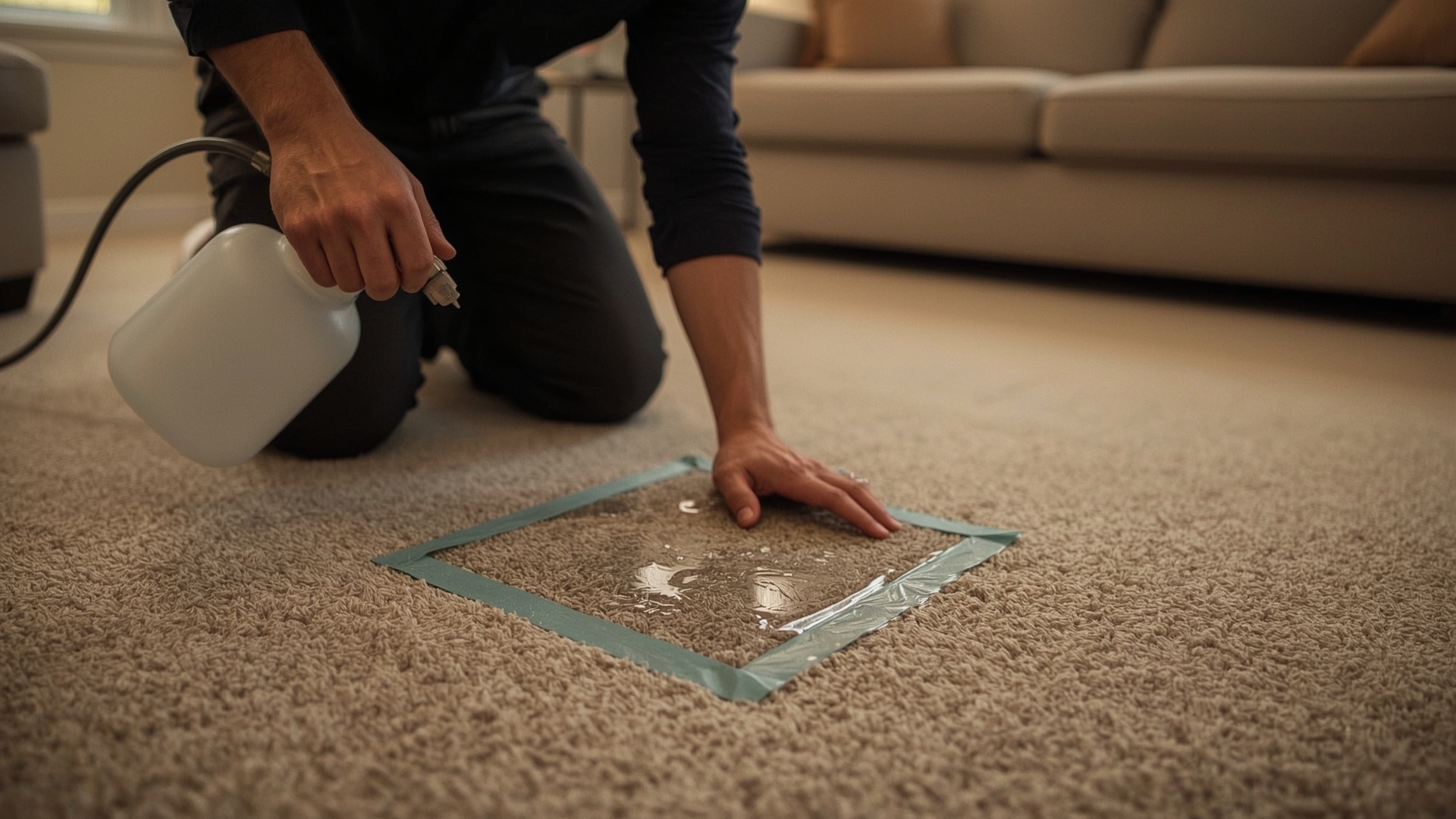 Carpet technician applying enzyme treatment solution to a marked pet urine contamination zone