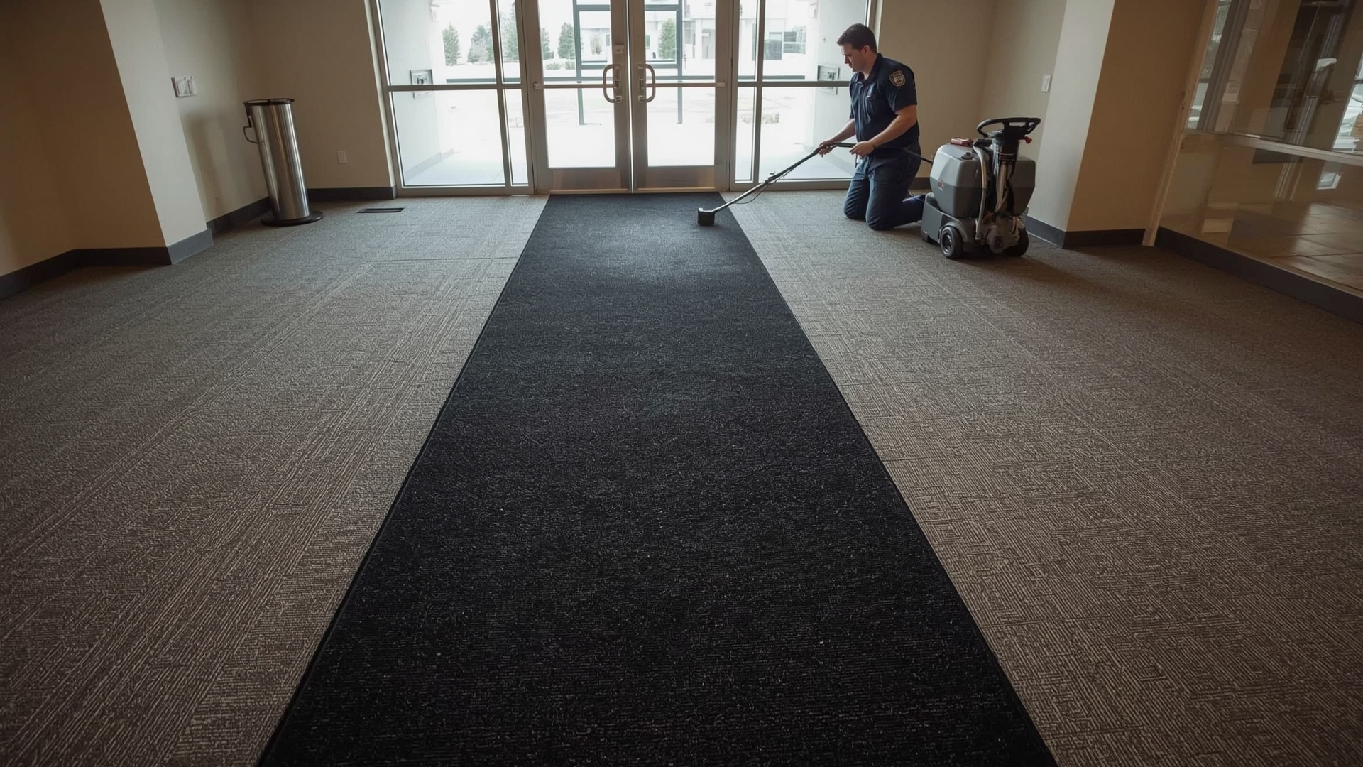 Commercial carpet entry zone showing heavy soil contrast before professional pre-treatment