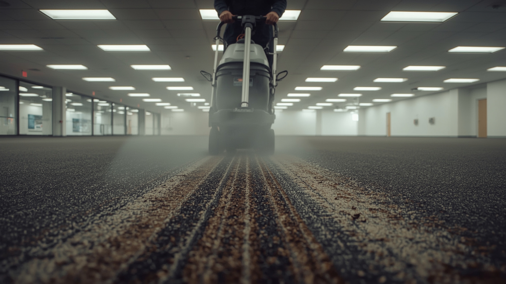 Commercial carpet extraction machine removing heavy soil from office traffic lane