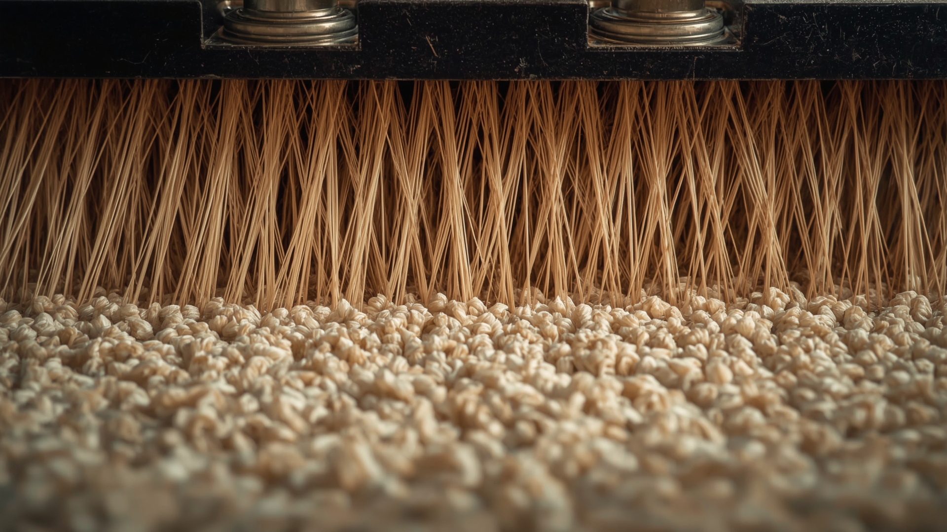 Counter-rotating brush machine lifting compressed carpet pile fibers during professional grooming