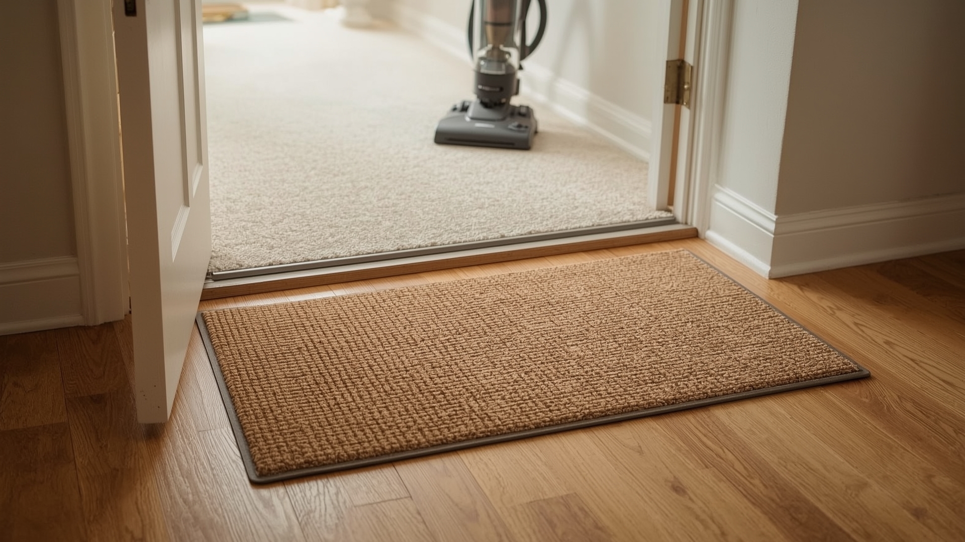 Entry door mats and vacuum near carpet showing resoiling prevention maintenance routine at home