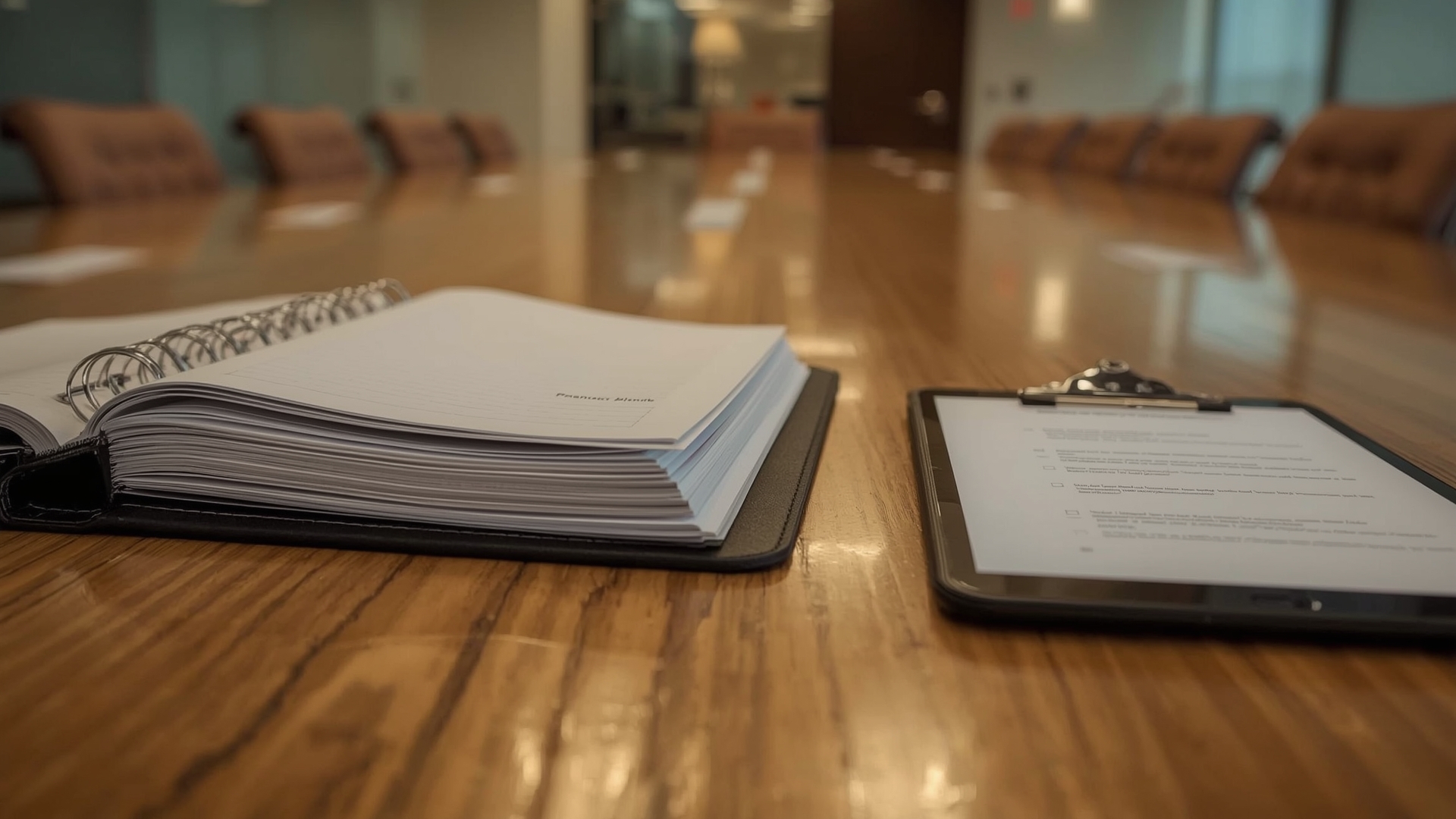 Facility manager workspace with organized maintenance log binder and digital tablet on desk