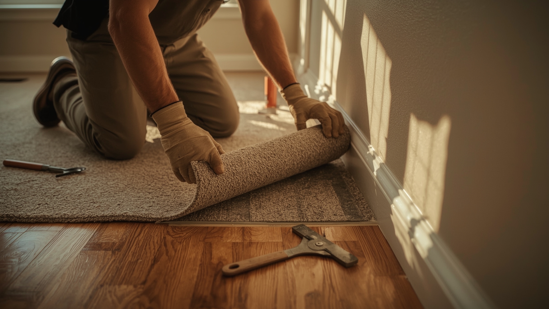 Flooring professional pulling back carpet from tack strips during pad replacement in residential room