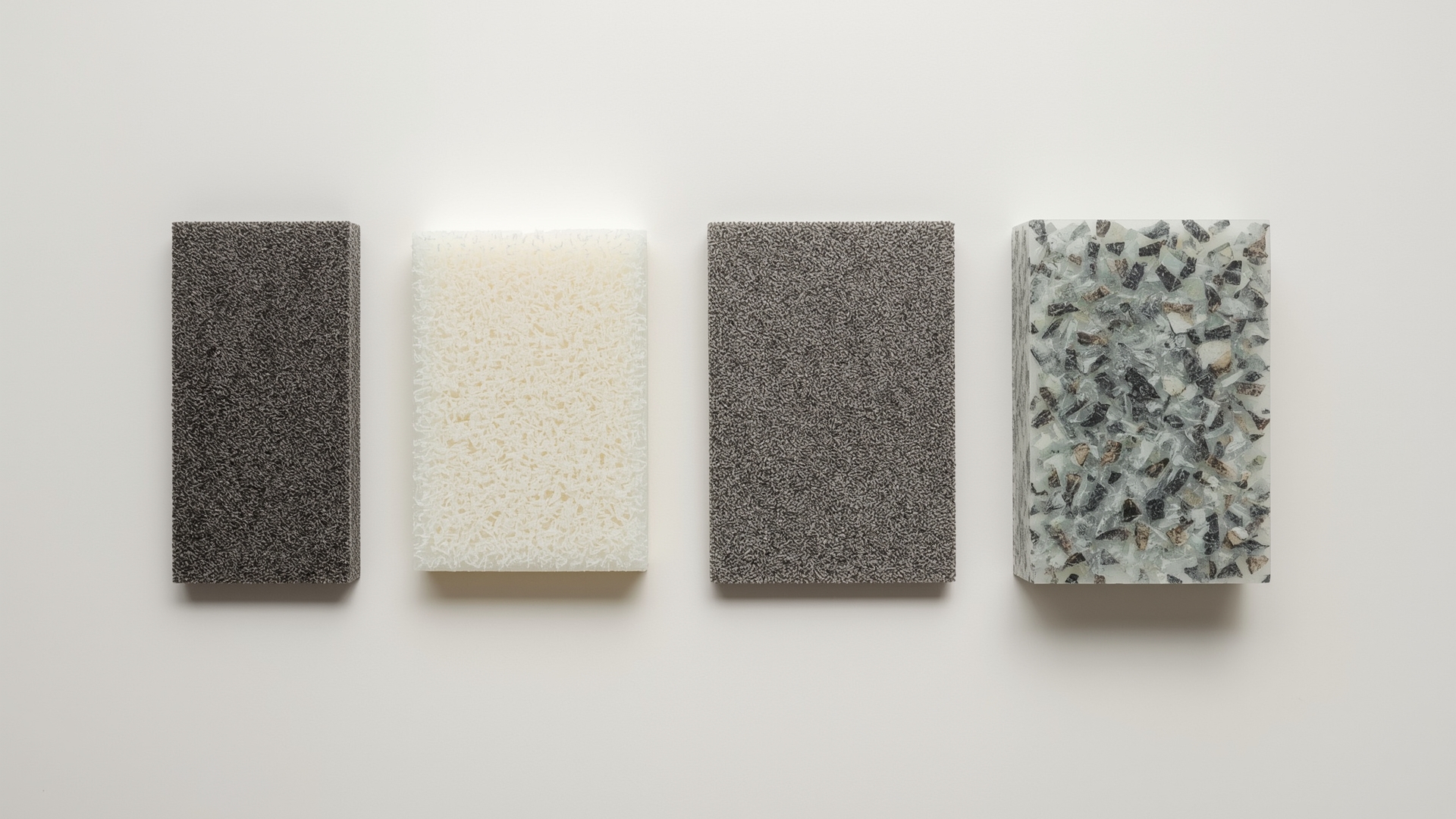 Four different carpet pad material samples showing rubber, closed-cell foam, rebond, and moisture-barrier types