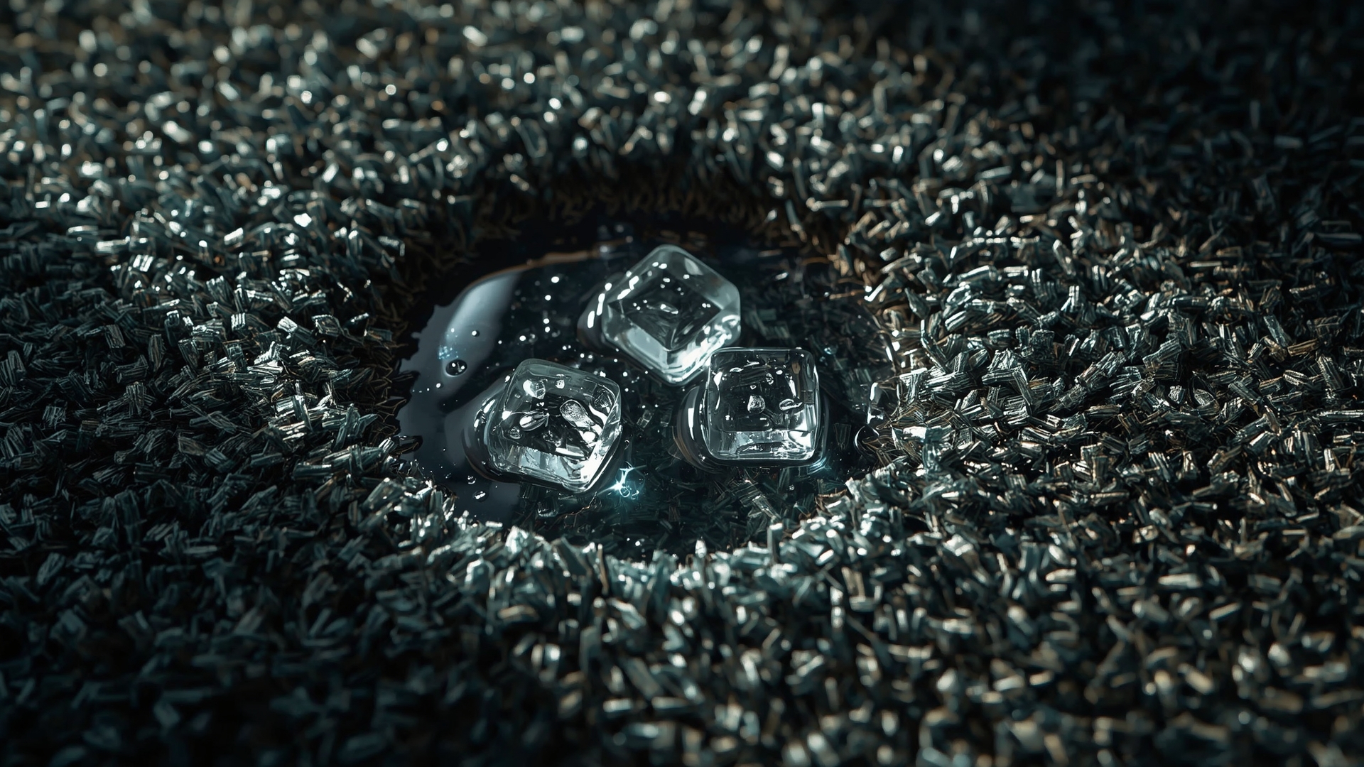 Ice cubes melting inside furniture dent on carpet pile during DIY fiber restoration process