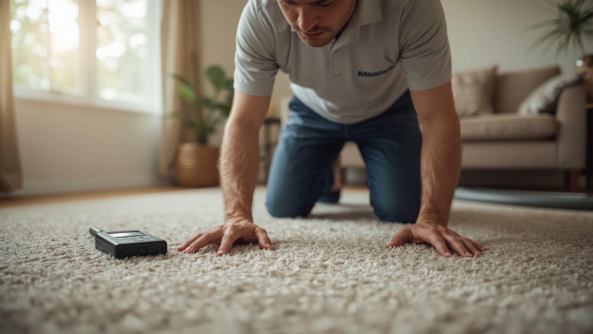 IICRC certified carpet cleaning technician inspecting carpet fiber type before cleaning