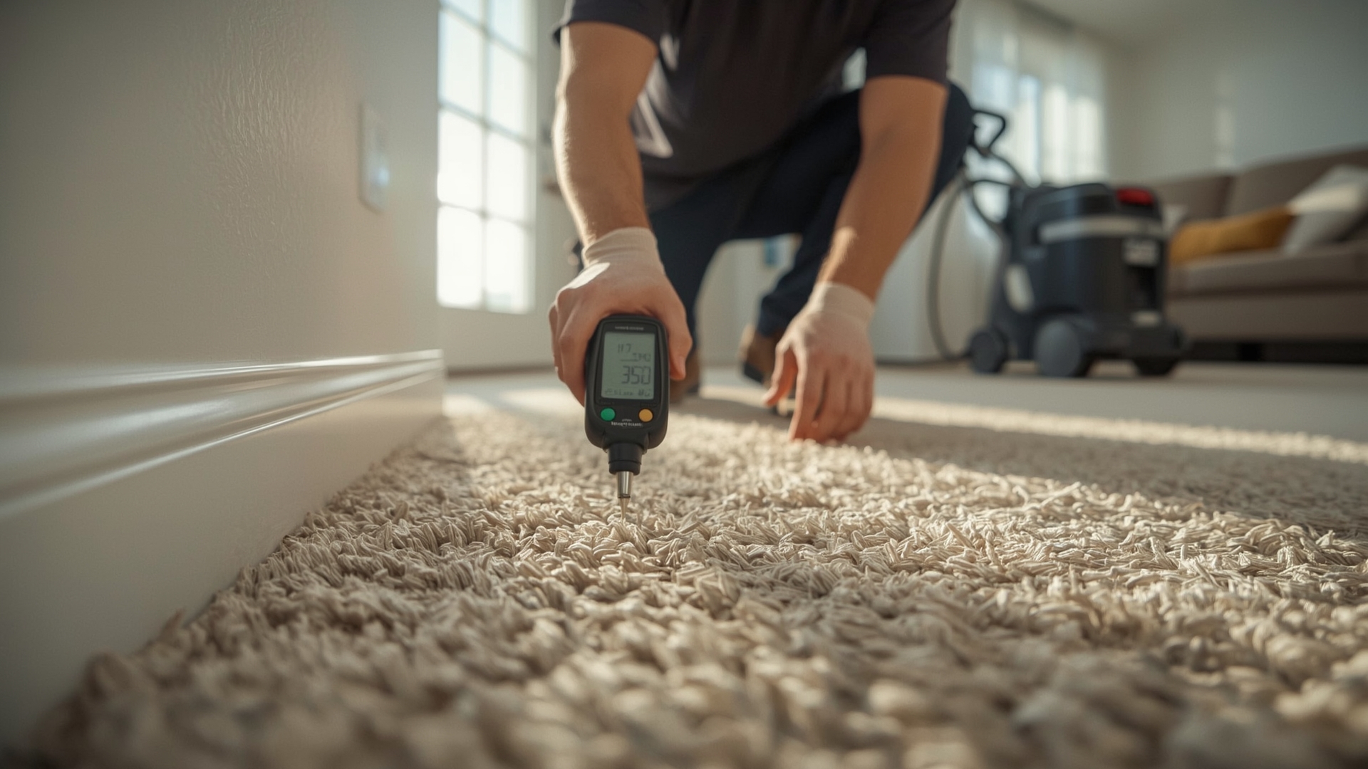 IICRC certified technician taking moisture readings during professional carpet cleaning inspection visit