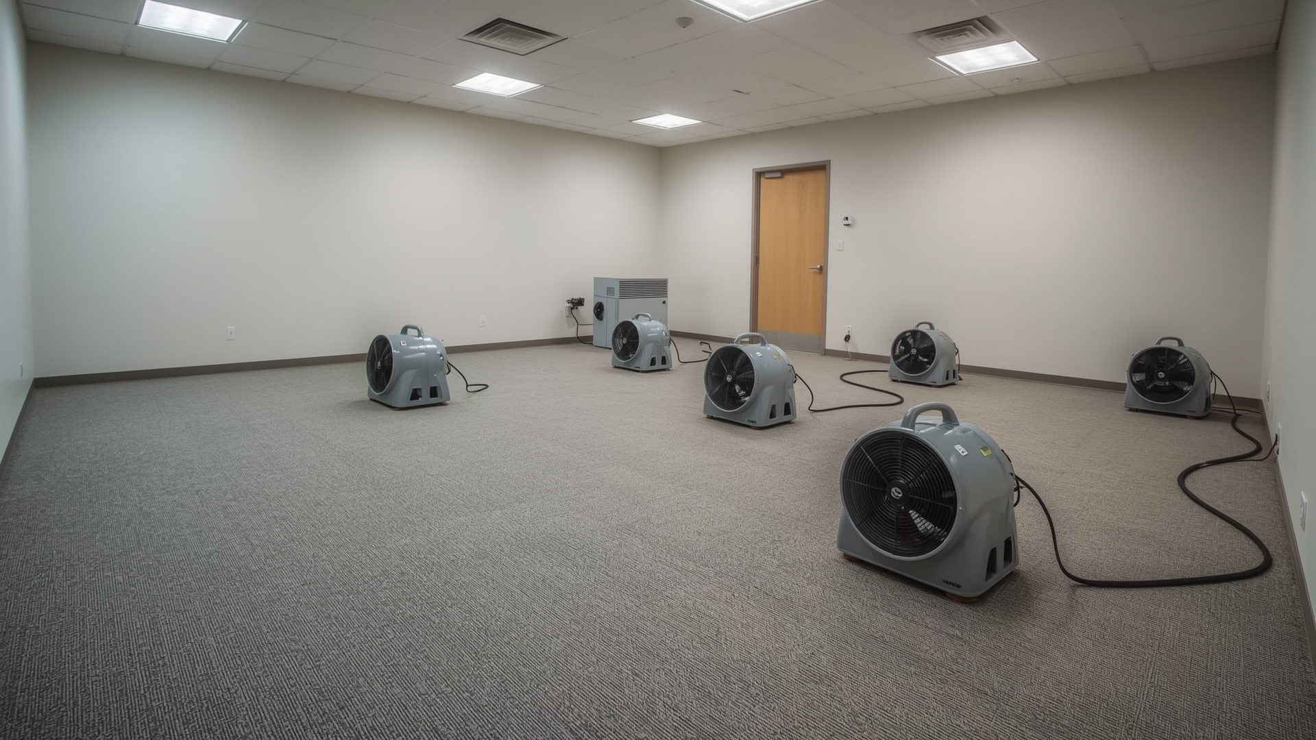 Industrial air movers and dehumidifier drying freshly cleaned commercial office carpet