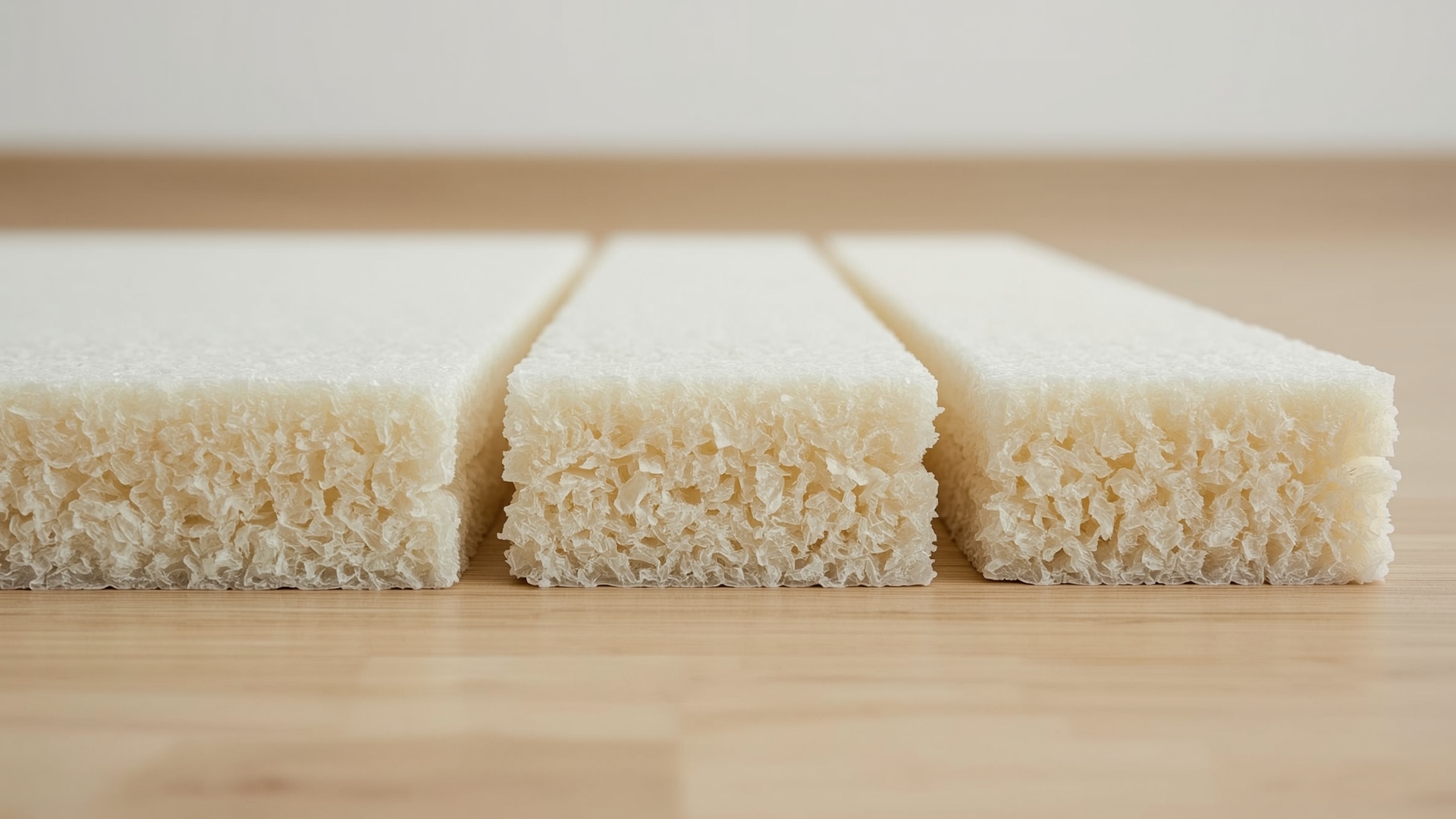 Macro cross-section of three carpet pad samples showing different thickness depths side by side