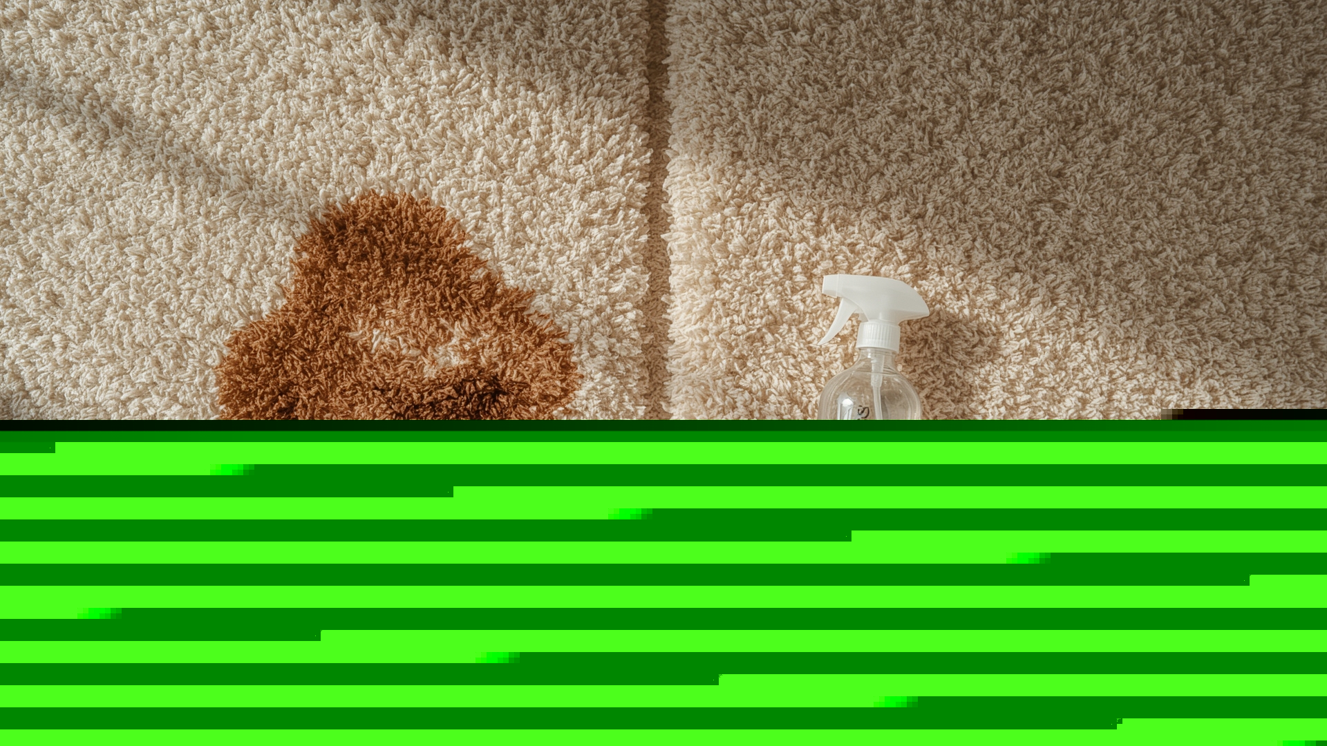 Overhead view comparing enzyme cleaner and oxidizer treatment areas on beige carpet