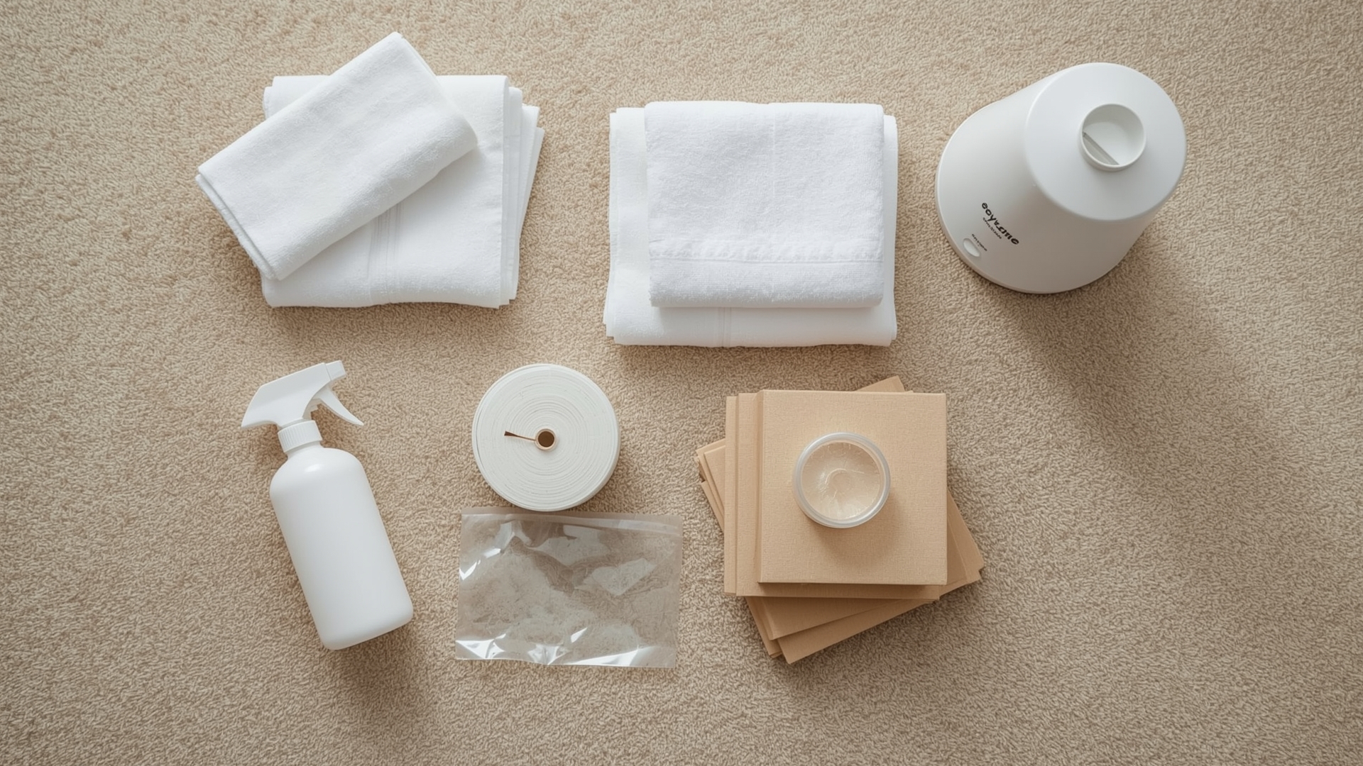 Overhead view of enzyme carpet cleaning supplies arranged for full dwell time protocol
