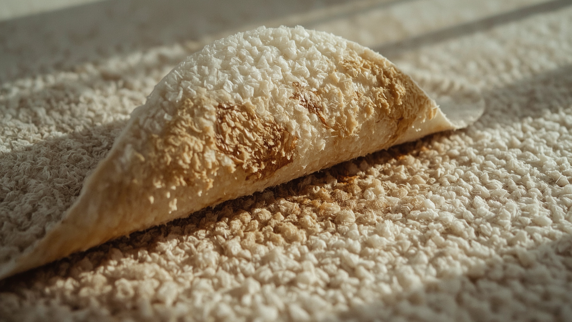 Pulled-back carpet revealing discolored and damaged foam pad with pet urine staining