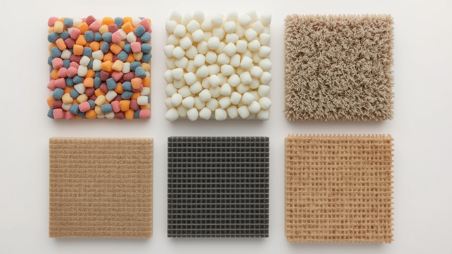 Six different carpet pad material samples displayed in overhead flat lay comparison