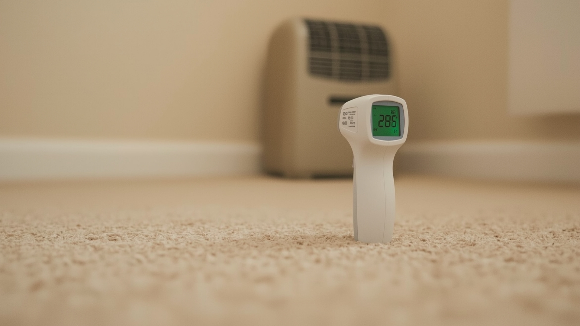 Surface thermometer resting on carpet fibers for enzyme cleaning temperature check