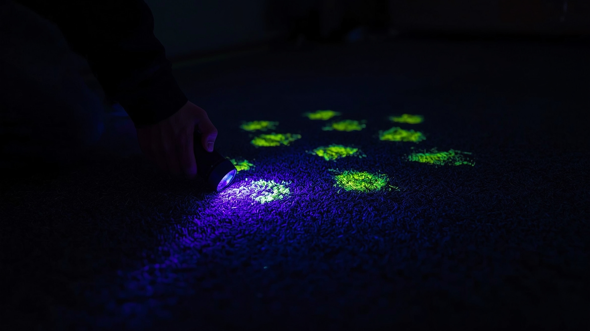 UV blacklight held over carpet revealing glowing pet urine contamination zones in dark room